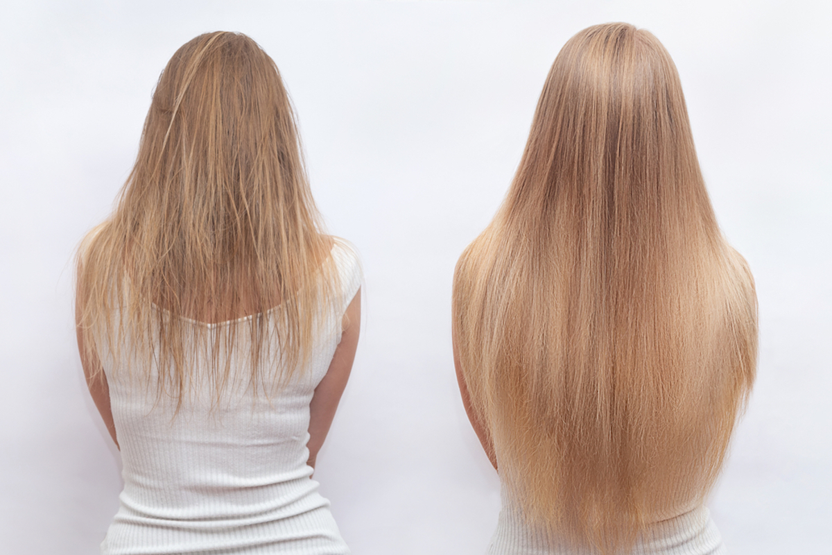Woman before and after hair extensions on white background. Hair extension, beauty, tress, hair growth, styling, salon concept. Length and volume.