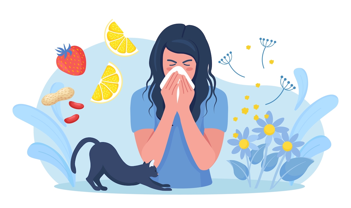 Woman with Allergy from Pollen Cat Fur Citrus Peanuts or Berry Runny Nose and Watery Eyes Seasonal Disease Causes of Allergy Illness with Cough Cold and Sneeze Symptoms Vector Illustration