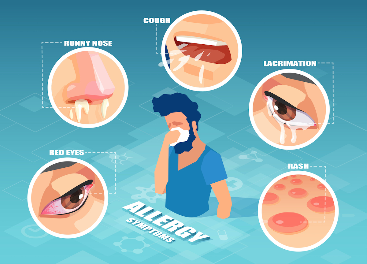 Allergy symptoms concept. Vector of a sick sneezing man with cough, rash, runny nose, sore eyes 