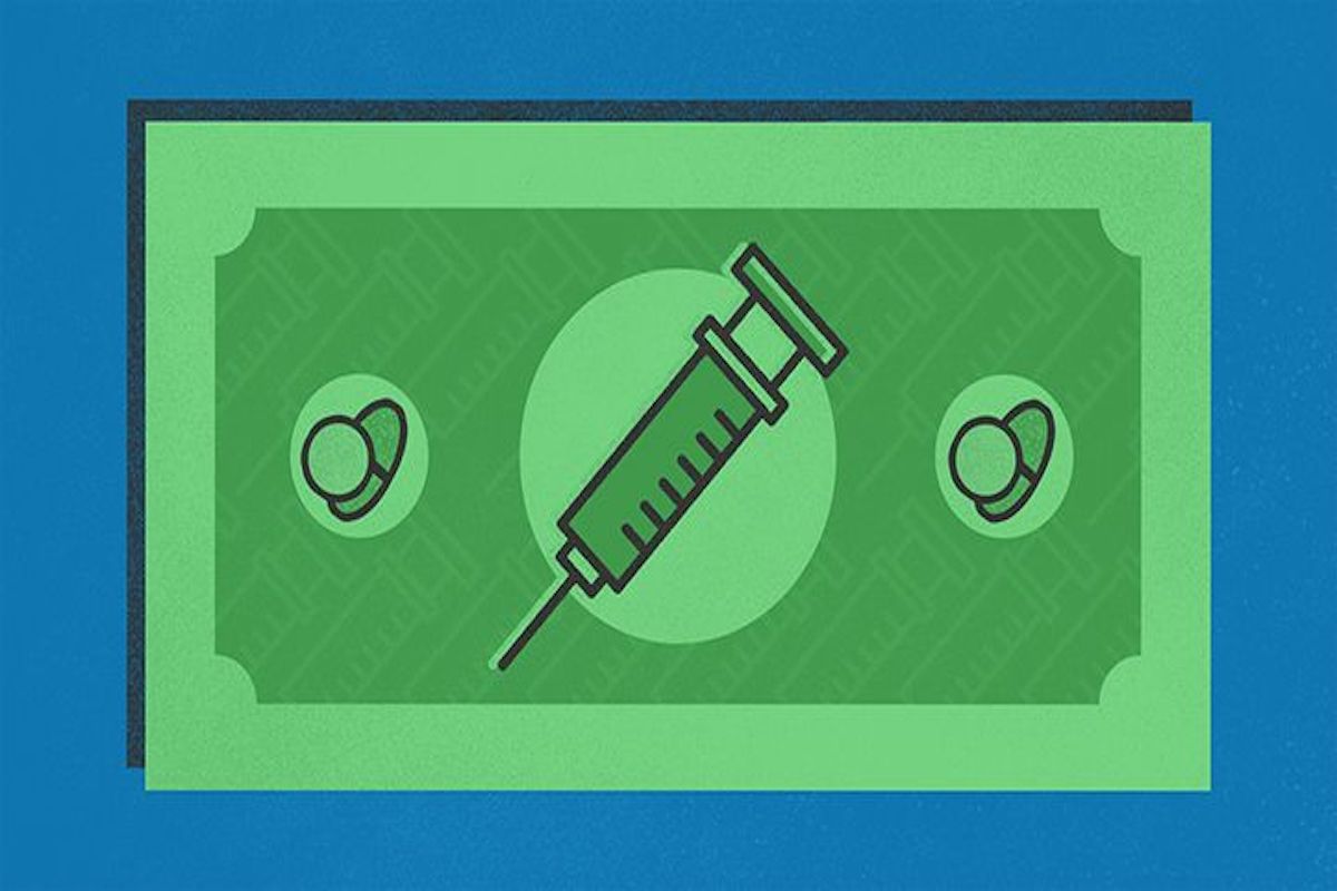 Illustration of a green dollar bill with medications and a injection in green. Background is blue. Article is about co-pay cards for diabetics
