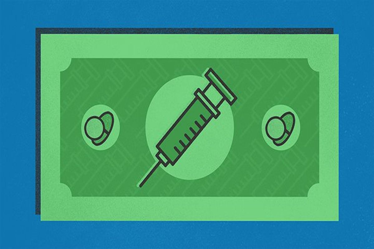 Illustration of a Green Dollar Bill with Medications and a Injection in Green Background is Blue Article is About Co pay Cards for Diabetics